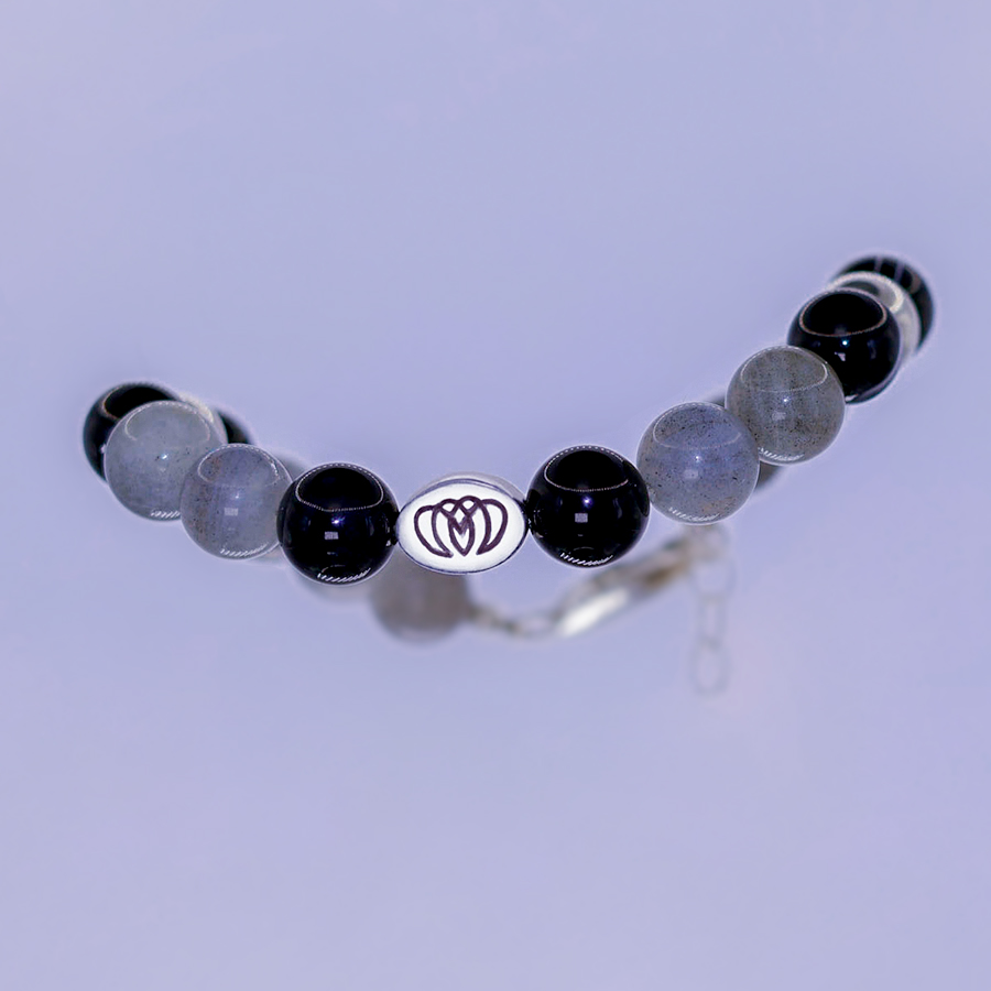 Brazalete Cuarto Menguante de labradorita y obsidiana artesanal con plata 925 para transformación, liberación y protección energética