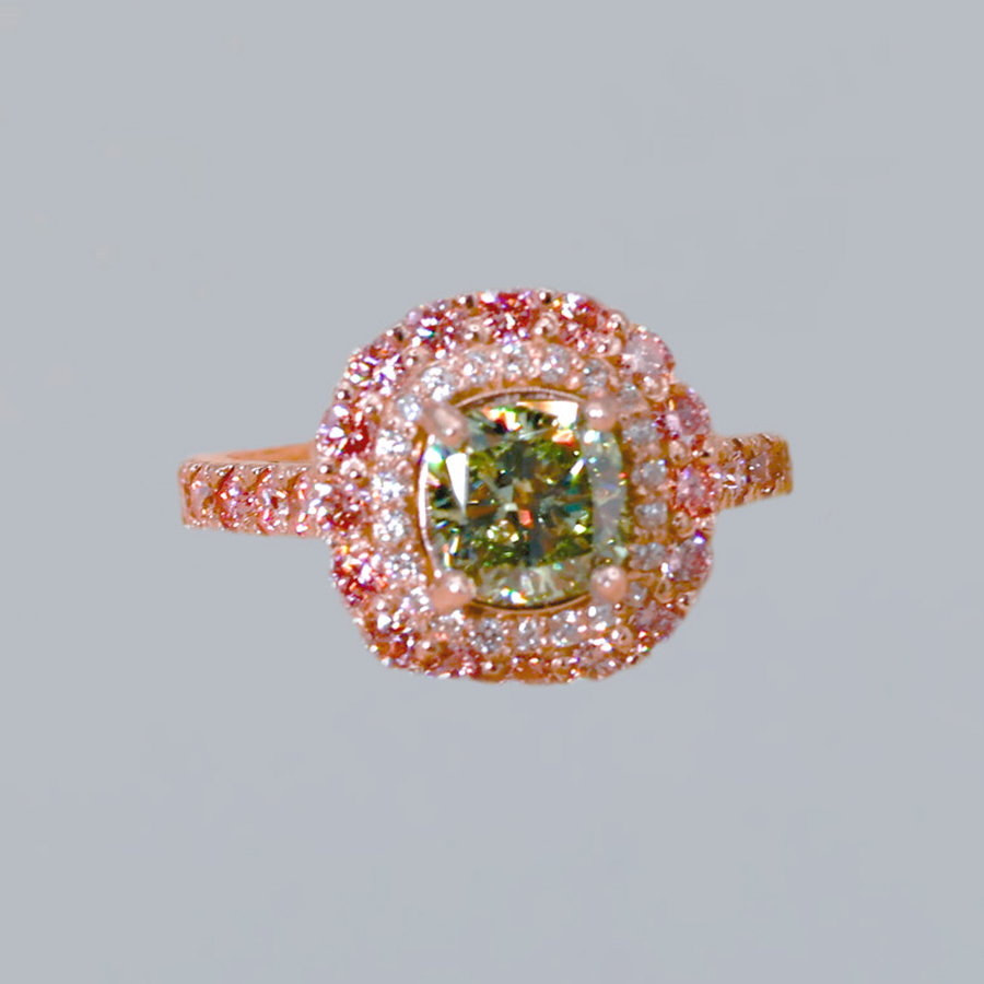 Anillo garden de diamantes con doble halo en oro 14k tonos verde y rosado