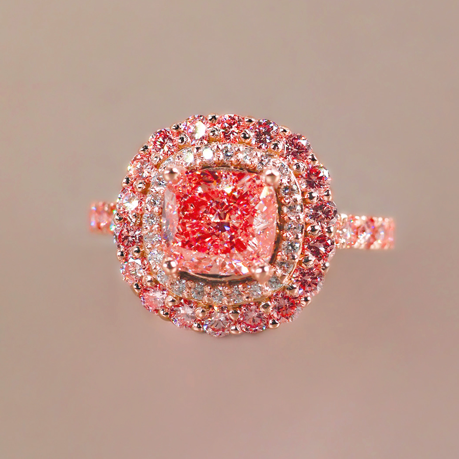 Anillo rose de diamantes con doble halo en oro 14k tono rosado elegante