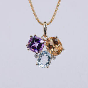 dije de amatista aguamarina y morganita en oro 14k