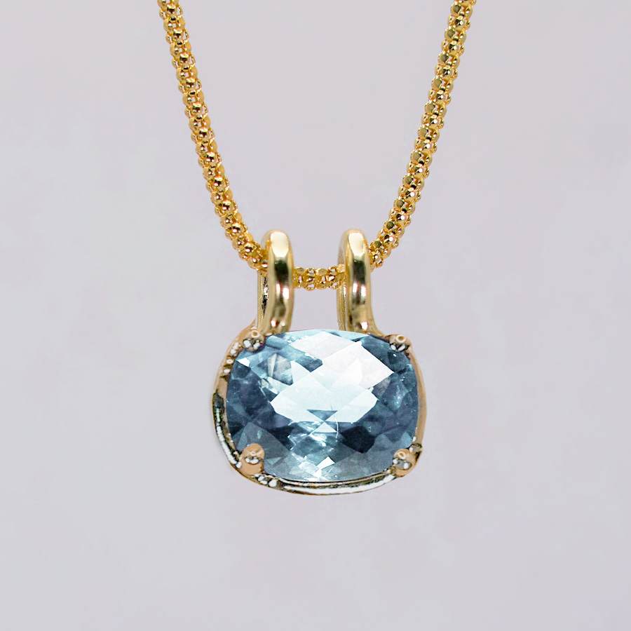 dije de aguamarina corte cushion en oro 14k